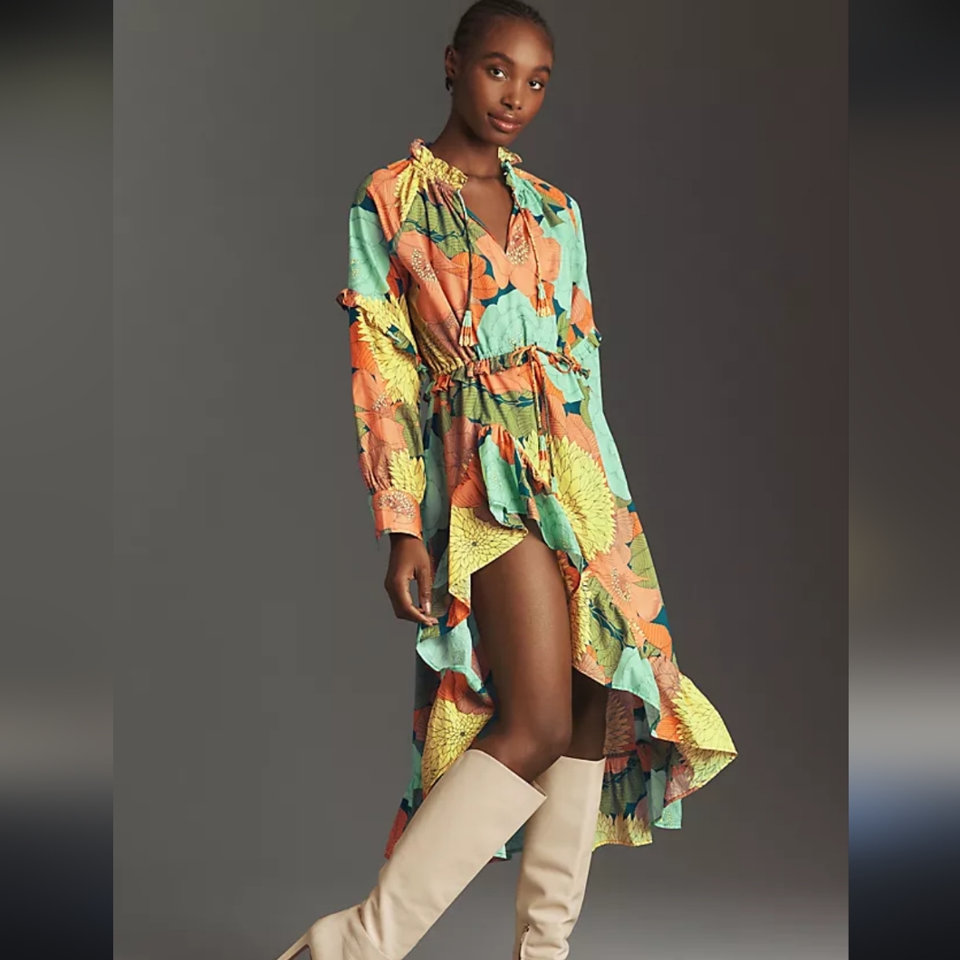 Nwt Anthropologie Farm Rio Floral Multicolor Asymmetrical Long Sleeve Mid Dress